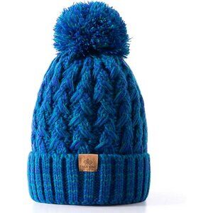 Women’s Dark Blue Winter Ribbed Beanie Hat Chunky Cable Knit Pompom Warm
